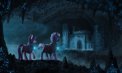 Size: 4958x3000 | Tagged: safe, artist:helmie-art, oc, oc only, pony, castle, cave, commission, duo, female, flashlight (object), mare, stalactite, stalagmite