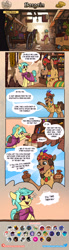 Size: 1972x7171 | Tagged: safe, artist:helmie-art, oc, oc only, oc:karoline skies, llama, pony, bag, cloak, clothes, comic, dialogue, ear piercing, earring, female, jewelry, mare, market, open mouth, open smile, patreon, piercing, saddle bag, smiling, speech bubble