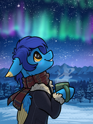 Size: 1402x1868 | Tagged: safe, artist:helmie-art, oc, oc only, oc:helmie, pegasus, pony, aurora borealis, clothes, coat, colored eartips, colored wings, forest, looking up, mountain, mug, nature, night, pegasus oc, scarf, scenery, side view, smiling, snow, stars, tree, two toned wings, wings, winter