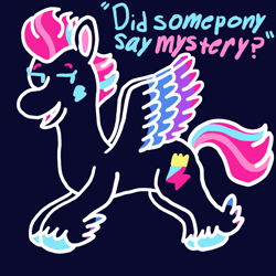 Size: 1200x1200 | Tagged: safe, artist:mintwhistle, zipp storm, pegasus, pony, g5, atg 2024, blue background, colored hooves, colorful, dark blue background, design, detective, detective zipp, dialogue, feathered fetlocks, female, flying, hooves, lightning, mare, medibang paint, neon, newbie artist training grounds, open mouth, open smile, simple background, smiling, spread wings, unshorn fetlocks, wings