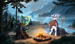 Size: 5068x3000 | Tagged: safe, artist:helmie-art, oc, oc only, oc:artemis whooves, oc:typh, original species, pony, accordion, arrow, boat, bow (weapon), campfire, clothes, dagger, duo, fire, mountain, mouth hold, musical instrument, scenery, sitting, smiling, tent, tree, tree stump, trident, unshorn fetlocks, water, weapon
