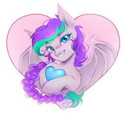 Size: 3093x2852 | Tagged: safe, artist:melodylibris, oc, oc only, oc:lony, bat pony, pony, bat pony oc, blushing, braid, bust, ear tufts, female, grin, heart, heart background, high res, hoof hold, lidded eyes, looking at you, mare, nose blush, ponytail, simple background, smiling, smiling at you, solo, sparkly mane, spread wings, white background, wings