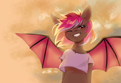 Size: 4371x3000 | Tagged: safe, artist:melodylibris, oc, oc only, oc:sofy, bat pony, semi-anthro, abstract background, backlighting, bat pony oc, birthday art, blushing, bust, chest fluff, clothes, day, ear tufts, female, gift art, grin, high res, humanoid torso, looking at you, mare, one eye closed, outdoors, shirt, short shirt, sky background, smiling, smiling at you, solo, spread wings, t-shirt, windswept mane, wings