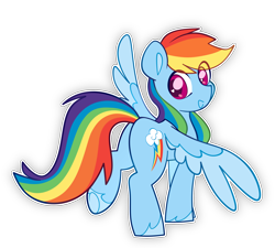 Size: 2150x1935 | Tagged: safe, anonymous artist, derpibooru exclusive, rainbow dash, pegasus, pony, g4, butt, colored wings, eye clipping through hair, female, looking back, mare, multicolored wings, outline, plot, rear view, simple background, smiling, solo, spread wings, transparent background, underhoof, unshorn fetlocks, white outline, wings