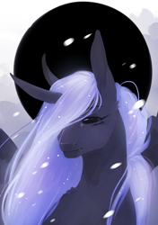Size: 1238x1759 | Tagged: safe, artist:riressa, nightmare moon, alicorn, pony, g4, bust, cloud, curved horn, female, horn, mare, new moon, portrait, snow, snowfall, solo