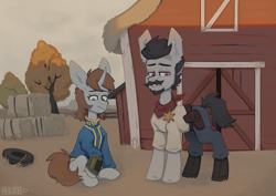 Size: 4243x3000 | Tagged: safe, artist:crashbrush, oc, oc only, oc:littlepip, earth pony, pony, unicorn, fallout equestria, bandana, barn, beard, clothes, cloud, cloudy, duo, ear fluff, facial hair, female, full body, hay bale, high res, horn, jumpsuit, male, mare, morning, moustache, nature, pipbuck, sheriff, sheriff's badge, sitting, stallion, tree, vault suit, weapon
