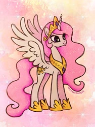 Size: 2291x3054 | Tagged: safe, artist:dariarchangel, princess celestia, alicorn, pony, g4, big eyes, celestia's crown, concave belly, crown, cute, cutelestia, ethereal mane, ethereal tail, female, hoof shoes, jewelry, large wings, long hair, long mane, long tail, mare, peytral, pink hair, pink mane, pink-mane celestia, princess shoes, regalia, slender, smiling, solo, spread wings, standing, tail, tall, thin, white coat, wings, young celestia