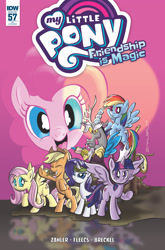 Size: 2063x3131 | Tagged: safe, artist:thom zahler, idw, official comic, applejack, discord, fluttershy, pinkie pie, rainbow dash, rarity, twilight sparkle, alicorn, earth pony, pegasus, pony, unicorn, friendship is magic #57, g4, spoiler:comic, 2017, comic cover, cover, cover art, female, horn, mane six, mare, my little pony logo, salvador dalí, signature, spread wings, the persistence of memory, this will end in tears and/or death, twilight sparkle (alicorn), variant cover, wings, xk-class end-of-the-world scenario