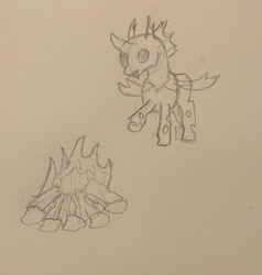 Size: 2199x2309 | Tagged: safe, artist:supersonicrainboom, derpibooru exclusive, changeling, atg 2024, campfire, fire, flying, newbie artist training grounds, pencil drawing, solo, traditional art