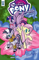 Size: 2063x3131 | Tagged: safe, artist:thom zahler, idw, official comic, fluttershy, twilight sparkle, zecora, alicorn, pegasus, pony, zebra, spoiler:comic58, 2017, comic cover, cover, cover art, ear piercing, earring, female, flower, jewelry, mare, my little pony logo, neck rings, piercing, raised hoof, signature, smiling, spread wings, tail, trio, twilight sparkle (alicorn), variant cover, wings