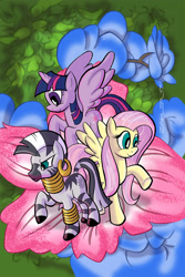 Size: 1137x1700 | Tagged: safe, alternate version, artist:thom zahler, idw, fluttershy, twilight sparkle, zecora, alicorn, pegasus, pony, zebra, g4, spoiler:comic58, 2017, comic cover, cover, cover art, ear piercing, earring, female, flower, jewelry, mare, neck rings, piercing, raised hoof, signature, smiling, spread wings, tail, textless, textless version, trio, trio female, twilight sparkle (alicorn), variant cover, wings