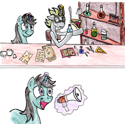 Size: 1314x1305 | Tagged: safe, artist:fleximusprime, oc, oc only, unicorn, atg 2024, chemistry, duo, erlenmeyer flask, flask, goggles, horn, inkwell, male, megaphone, newbie artist training grounds, quill, safety goggles, smiling, stallion, test tube, thin, vial