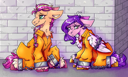 Size: 3000x1800 | Tagged: safe, artist:heart-sketch, artist:heartsketch1, pipp petals, sunny starscout, earth pony, pegasus, pony, g5, bound wings, brick wall, chained, chains, clothes, commissioner:rainbowdash69, cuffed, cuffs, duo, female, jail, jumpsuit, mare, never doubt rainbowdash69's involvement, prison, prison outfit, prisoner, prisoner pipp, prisoner ss, shackles, shirt, tail, undershirt, wings