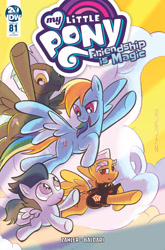 Size: 2063x3131 | Tagged: safe, artist:thom zahler, idw, dauntless, rainbow dash, rumble, thunderlane, pegasus, pony, g4, spoiler:comic, spoiler:comic81, 2019, backwards cutie mark, clothes, colt, comic cover, cover, cover art, female, flying, foal, male, mare, my little pony logo, open mouth, open smile, signature, smiling, spread wings, stallion, tail, variant cover, wings
