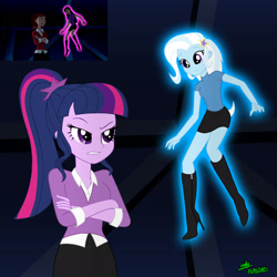 Size: 1920x1920 | Tagged: safe, artist:gibsterboy5, sci-twi, trixie, twilight sparkle, human, equestria girls, g4, ben 10, ben 10 ultimate alien, boots, clothes, duo, glowing, gwen tennyson, high heel boots, levitation, looking at each other, looking at someone, looking down, magic, missing accessory, no glasses, reference used, shirt, shoes, signature, skirt, sunny tennyson, telekinesis