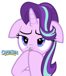 Size: 916x1052 | Tagged: safe, artist:mrvector, edit, spike, starlight glimmer, dragon, pony, unicorn, g4, :3, bedroom eyes, capri sun, cute, duo, duo male and female, female, floppy ears, glimmerbetes, got milk, horn, juice, licking, male, micro, ship:sparlight, shipping, shrinking, simple background, size difference, spikelove, straight, sucking, tiny, tongue out, transparent background, vector, winged spike, wings