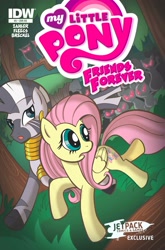 Size: 2063x3131 | Tagged: safe, artist:thom zahler, idw, fluttershy, zecora, pegasus, pony, zebra, friends forever #5, g4, my little pony: friends forever, comic, comic cover, cover, cover art, duo focus, ear piercing, earring, female, folded wings, glowing, glowing eyes, jewelry, looking back, mare, my little pony logo, neck rings, open mouth, piercing, red eyes, red eyes take warning, running, tail, variant cover, watermark, wings