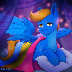 Size: 2000x2000 | Tagged: safe, alternate character, alternate version, artist:erein, oc, oc only, oc:rio tunehoof, pegasus, pony, bedroom, blue fur, chest fluff, commission, ears up, flag, garland, high res, indoors, lgbt, looking at you, male, night, pansexual, pansexual pride flag, pillow, pride, pride flag, pride month, room, smiling, smiling at you, solo, spread wings, string lights, wings, ych result
