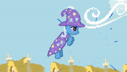Size: 640x360 | Tagged: artist needed, source needed, safe, pinkie pie, trixie, g4, animated, anime style, candy, cloud, fan series, fanon, fight, food, gif, guardians of harmony, house, mlpz, my little pony z, pixel art, sprite, toy
