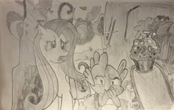 Size: 3894x2458 | Tagged: safe, fluttershy, pinkie pie, spike, dragon, earth pony, pegasus, g4, atg 2024, baby, baby dragon, bag, covering mouth, cupcake, cutie mark, food, gasp, gross, grossed out, irl, monochrome, mountain, mountain range, newbie artist training grounds, offscreen character, pencil drawing, photo, picture, raised hoof, saddle bag, traditional art, trio