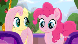 Size: 640x360 | Tagged: safe, fluttershy, pinkie pie, earth pony, pegasus, pony, g4, my little pony: rainbow roadtrip, animated, apple, apple tree, cute, diapinkes, duo, duo female, female, gif, hot air balloon, hug, mare, shyabetes, tree