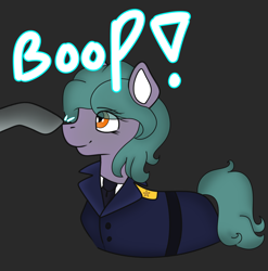 Size: 1096x1110 | Tagged: safe, artist:wh189, oc, oc only, oc:clam chowder, earth pony, equestria at war mod, admiral, boop, clothes, cute, disembodied hoof, gradient background, smiling, solo, uniform