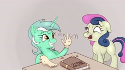 Size: 3840x2160 | Tagged: safe, artist:nedemai, bon bon, lyra heartstrings, sweetie drops, earth pony, pony, unicorn, g4, 4k, atg 2024, bon bon is not amused, book, disgusted, duo, duo female, feet, female, floppy ears, frown, grin, hand, high res, horn, human feet, l.u.l.s., newbie artist training grounds, nose wrinkle, partial transformation, smiling, that pony sure does love hands, unamused, waving, what has magic done