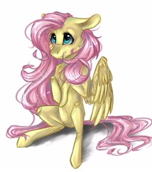 Size: 1915x2160 | Tagged: safe, artist:pikinas13, fluttershy, pegasus, pony, floppy ears, old art, simple background, sitting, solo, white background