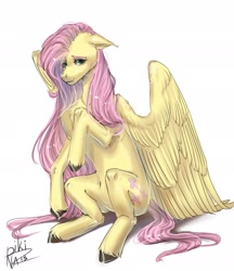 Size: 1768x2048 | Tagged: safe, artist:pikinas13, fluttershy, pegasus, pony, floppy ears, simple background, sitting, solo, white background