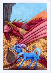 Size: 4901x6931 | Tagged: safe, artist:cahandariella, trixie, dragon, horse, pony, unicorn, g4, atg 2024, cavern, full background, gold, horn, marker drawing, newbie artist training grounds, scared, sleeping, thief, too dumb to live, traditional art, trixie is a goddamn moron