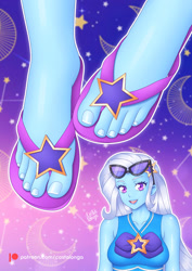 Size: 1024x1449 | Tagged: safe, artist:costalonga, trixie, human, equestria girls, g4, bikini, bikini top, breasts, clothes, cute, feet, female, fetish, flip-flops, foot fetish, foot focus, looking at you, sandals, smiling, solo, sunglasses, swimsuit, toenails, toes, trixie's beach shorts swimsuit