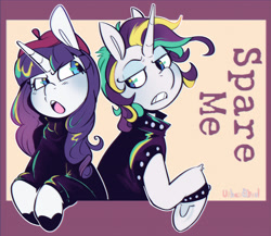 Size: 3000x2598 | Tagged: safe, artist:urbanqhoul, rarity, pony, unicorn, g4, alternate hairstyle, beatnik rarity, beret, clothes, duality, female, gritted teeth, hat, high res, horn, leather, leather vest, lidded eyes, mare, open mouth, passepartout, punk, raripunk, signature, spiked wristband, sweater, teeth, text, turtleneck, vest, wristband