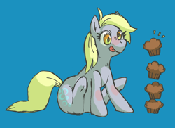 Size: 1914x1392 | Tagged: safe, artist:bebekitty, derpy hooves, pegasus, pony, g4, blue background, blushing, cute, derpabetes, emanata, food, muffin, simple background, sitting, smiling, solo, tongue out, wingless