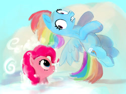 Size: 2567x1921 | Tagged: safe, artist:mandumustbasukanemen, pinkie pie, rainbow dash, g4, atg 2024, cloud, duo, duo female, female, mare, newbie artist training grounds, surprise pinkie pie, surprised