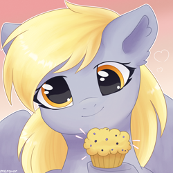 Size: 1500x1500 | Tagged: safe, artist:maravor, derpy hooves, pegasus, pony, g4, female, food, mare, muffin, smiling, solo