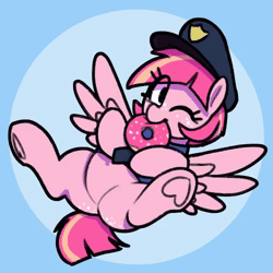 Size: 500x500 | Tagged: safe, artist:thebatfang, oc, oc only, oc:sweet serving, pegasus, pony, animated, cute, donut, food, gif, pegasus oc, police officer, solo