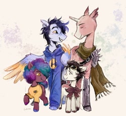 Size: 1112x1021 | Tagged: safe, artist:lutraviolet, earth pony, pegasus, pony, unicorn, abstract background, afro, armor, bald, bandaid, bandaid on nose, black mane, blaze (coat marking), blue coat, blue hooves, blushing, broken horn, brown coat, brown hooves, brown mane, chin fluff, clothes, coat markings, colored eartips, colored eyebrows, colored hooves, colored horn, colored pinnae, colored pupils, colored sclera, colored wings, colored wingtips, colt, curly mane, curly tail, dot eyes, eyelashes, facial hair, facial markings, facial scar, family, fangs, fitmc, foal, gay, goggles, goggles on head, group, height difference, hoodie, hooves, horn, leg armor, looking at each other, looking at someone, male, mcyt, multicolored hooves, multicolored mane, multicolored tail, neck bow, no mane, non-mlp shipping, one wing out, pac (qsmp), pauldron, ponified, qsmp, quartet, raised hoof, ramon (qsmp), red pupils, richarlyson (qsmp), scar, scarf, shiny hooves, shiny mane, shipping, shirt, short mane, signature, smiling, smiling at each other, snip (coat marking), socks (coat markings), stallion, standing, tail, tan coat, torn ear, two toned mane, two toned wings, unshorn fetlocks, wall of tags, white coat, wing fluff, wings, yellow eyes, yellow sclera, youtuber