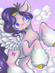Size: 1080x1440 | Tagged: safe, artist:cl24z7, pipp petals, pegasus, pony, g5, chest fluff, cloud, coat markings, ear fluff, female, gradient background, hoof fluff, mare, open mouth, open smile, rearing, smiling, socks (coat markings), solo, spread wings, wings