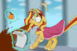 Size: 1500x1000 | Tagged: safe, artist:rapid9, sunset shimmer, surprise, g1, clothes, coffee, coffee cup, crown, cup, dress, jewelry, magic, magic aura, princess, regalia