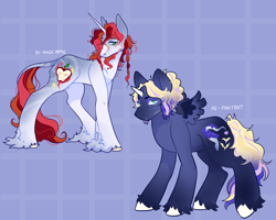 Size: 4500x3600 | Tagged: safe, artist:fhroggy, oc, oc only, oc:fruit bat, oc:magic apple, alicorn, classical unicorn, pony, unicorn, cloven hooves, cousins, duo, horn, leonine tail, magical gay spawn, magical lesbian spawn, male, offspring, parent:applejack, parent:big macintosh, parent:princess luna, parent:shining armor, parents:lunajack, parents:shiningmac, stallion, unshorn fetlocks