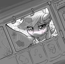 Size: 2160x2103 | Tagged: safe, artist:ravistdash, oc, oc only, oc:alancasia, pony, bedroom eyes, bipedal, blushing, building, city, clothes, destruction, heart, heart eyes, imminent vore, licking, licking lips, macro, outfit, subway, tongue out, vehicle, wingding eyes