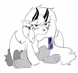 Size: 2075x1945 | Tagged: safe, artist:opalacorn, oc, oc only, demon, demon pony, pony, drink, energy drink, female, frown, grayscale, hoof hold, horns, mare, monochrome, partial color, red bull, simple background, sitting, solo, white background