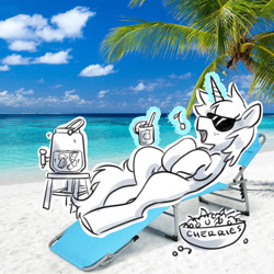 Size: 1807x1809 | Tagged: safe, artist:opalacorn, oc, oc only, pony, unicorn, beach, beach chair, chair, cherry, drink, food, horn, levitation, lounging, magic, music notes, ocean, palm tree, punch (drink), solo, telekinesis, tree, water