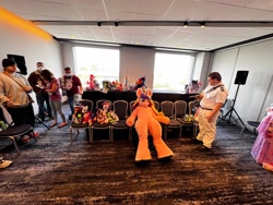 Size: 2048x1536 | Tagged: safe, artist:qtpony, artist:scrimmypone, princess cadance, human, g4, babscon, convention, fursuit, irl, irl human, multiple characters, photo, plushie, ponysuit, sitting