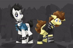 Size: 4000x2600 | Tagged: safe, artist:flutterthrash, oc, oc only, earth pony, pony, blushing, choker, clothes, commission, duo focus, embarrassed, female, floppy ears, makeup, male, mare, running makeup, silhouette, socks, spiked choker, spiked wristband, stallion, striped socks, vest, wristband