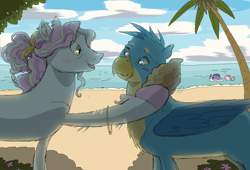 Size: 1322x900 | Tagged: safe, artist:universalheart, gallus, oc, oc:fizzle, oc:summerfree apple, oc:wind wisher, earth pony, pegasus, pony, beach, duo focus, hoof hold, male, ocean, open mouth, open smile, seashell, smiling, stallion, water
