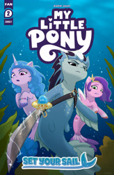 Size: 2680x4094 | Tagged: safe, artist:robin jacks, idw, captain starboard, izzy moonbow, pipp petals, jellyfish, pegasus, unicorn, g5, my little pony: set your sail, bubble, crepuscular rays, digital art, dorsal fin, female, fin, fin wings, fins, fish tail, floppy ears, flowing mane, flowing tail, green eyes, horn, looking at you, mare, ocean, open mouth, pirate, scales, seaponified, seapony izzy moonbow, seapony pipp petals, seaweed, species swap, sunlight, swimming, sword, tail, underwater, water, weapon, wings