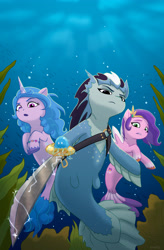 Size: 2680x4094 | Tagged: safe, artist:robin jacks, idw, izzy moonbow, pipp petals, jellyfish, pegasus, unicorn, g5, my little pony: set your sail, bubble, crepuscular rays, digital art, dorsal fin, female, fin, fin wings, fins, fish tail, floppy ears, flowing mane, flowing tail, green eyes, horn, looking at you, mare, ocean, open mouth, pirate, scales, seaponified, seapony izzy moonbow, seapony pipp petals, seaweed, species swap, sunlight, swimming, sword, tail, underwater, water, weapon, wings
