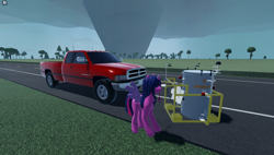 Size: 1858x1057 | Tagged: safe, twilight sparkle, alicorn, pony, g4, 3d, dodge ram, female, game screencap, long legs, movie reference, pickup truck, road, roblox, solo, tornado, tree, twilight sparkle (alicorn), twisted (game)