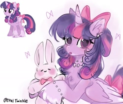 Size: 2048x1726 | Tagged: safe, artist:petaltwinkle, twilight sparkle, alicorn, pony, rabbit, g4, alternate design, alternate hairstyle, animal, bow, bracelet, chest fluff, colored hooves, colored wings, ear piercing, earring, female, folded wings, hair bow, holding, holding a bunny, horn, jewelry, looking at you, mare, necklace, piercing, ponytail, signature, simple background, solo, tail, tail bow, twilight sparkle (alicorn), unshorn fetlocks, white background, wings